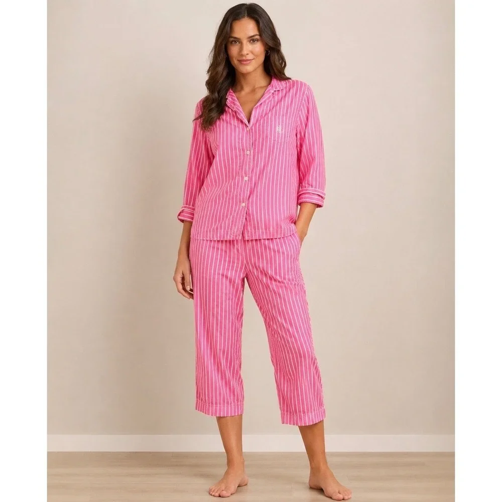Lauren Ralph Lauren Pink White Striped Pajama Set L Button Down Crop Pants